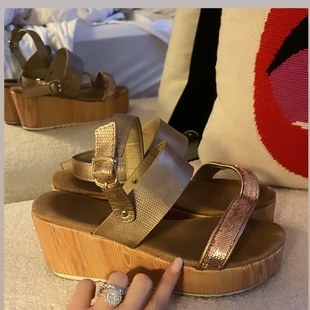 Platform Wedges With Sequins & Wooden Heel